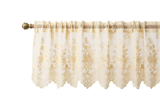 Cream lace window valance curtain with intricate floral rose embroidery.