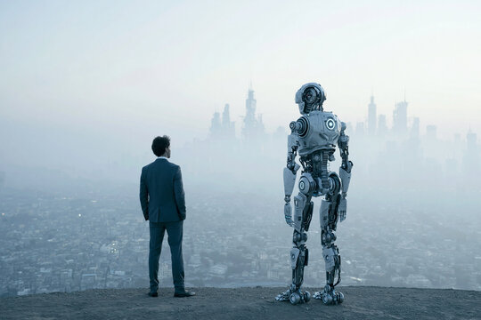 Businessman and Futuristic Robot Overlooking City Skyline