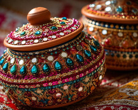 
Colorful Handcrafted Indian Decorative Clay Pots with Intricate Traditional Embellishments