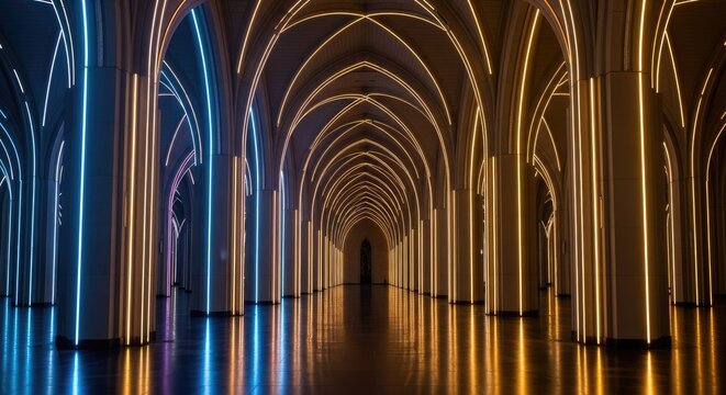 Futuristic architectural corridor with neon blue lights.