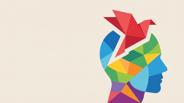 Abstract illustration of a colorful geometric human head profile with a red origami bird flying out symbolizing mental freedom and creativity