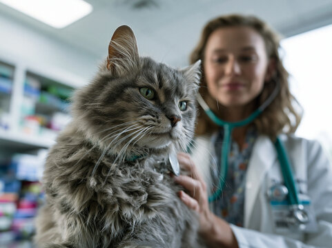 Veterinarian Examining Cat with Stethoscope in Clinic