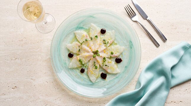 Fresh Fish Carpaccio Appetizer with White Wine on Restaurant Table