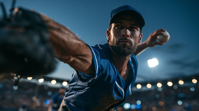 Professional Baseball Pitcher Throwing Ball During Night Game