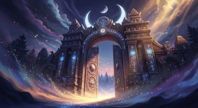 Majestic fantasy gothic gateway under starry night and moon.