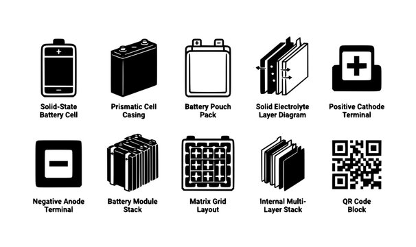 Solid State Battery Cell Unit and Next Gen EV Battery Architecture Icons
