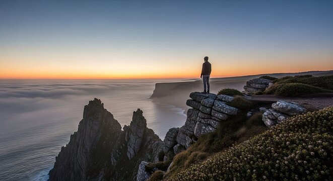 Man standing on rocky cliff overlooking sea of clouds.