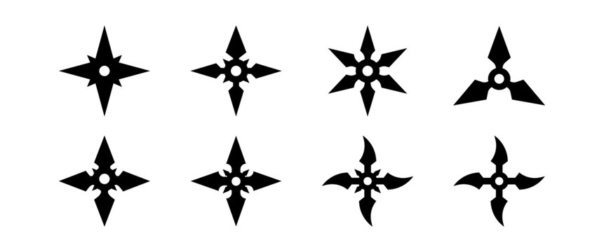 Black Shuriken Icon Set Japanese Ninja Star Weapon Silhouette