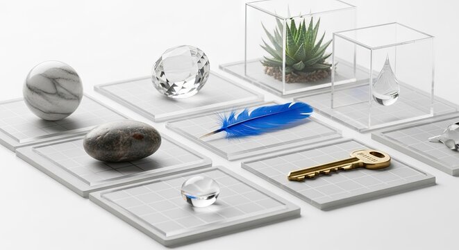 Minimalist arrangement of stones and feather in glass cubes.