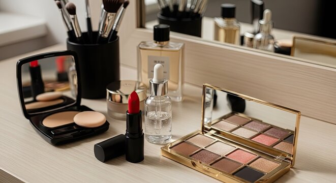 Professional makeup artist workspace with beauty products.