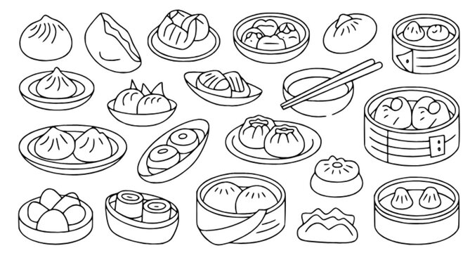 Chinese Dumplings and Dim Sum Line Art Collection