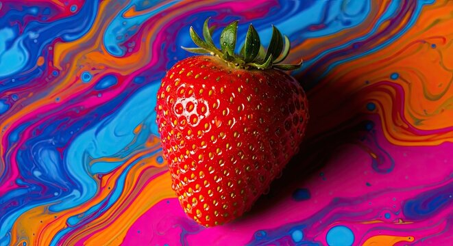 Ripe red strawberry on colorful psychedelic swirl background.
