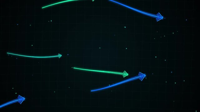 Cyberpunk blue neon arch arrows streaming on dark network background motion graphic