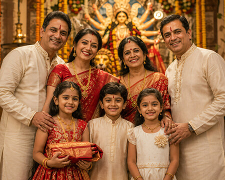 Indian Family Portrait Celebrating Durga Puja with Goddess Durga Idol in Background