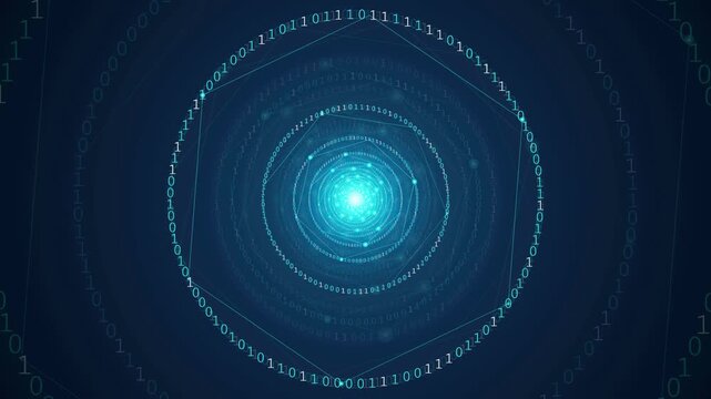 Abstract Digital Technology Background with Rotating Binary Code Circles and Glowing Blue Light Core