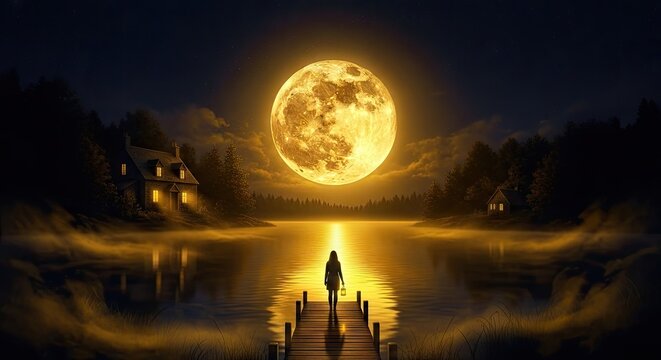 Person standing on wooden pier under large full moon.