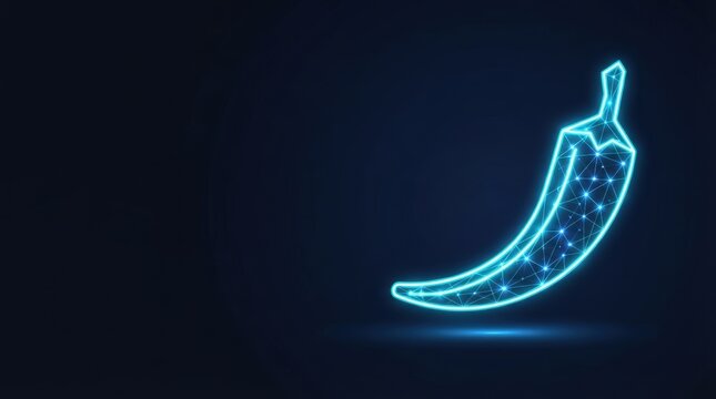 Striking glowing blue wireframe cyber pepper graphic on dark background perfect for AI, digital science, and high-tech innovation projects showcasing futuristic tech concepts