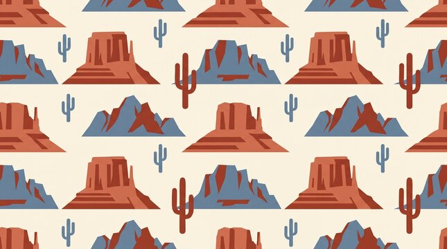Seamless Southwestern Desert Landscape Pattern with Cacti and Mesas