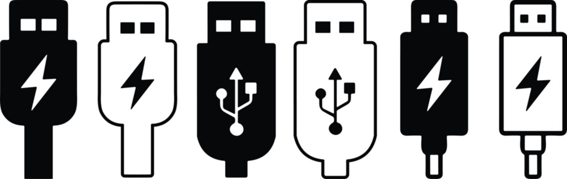 Set of usb cable and flash drive icons in black and white with connector