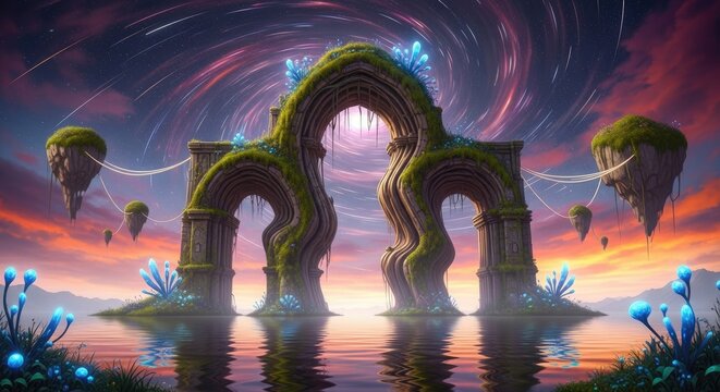Fantasy landscape with floating islands and ancient mossy arches.