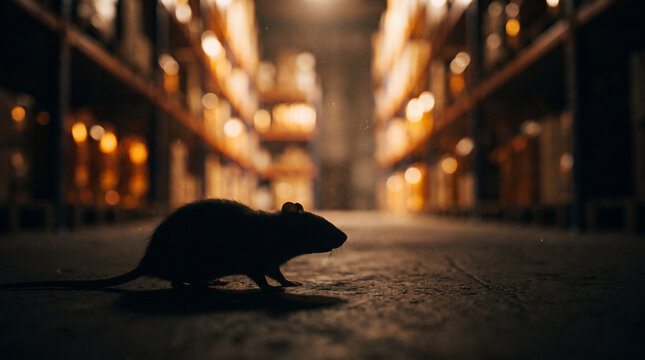 Silhouette of rat creeping across dark concrete floor in dim warehouse aisle with blurred warm shelves and moody backlit shadows