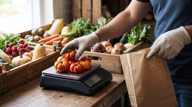 Farmer weighing fresh organic ripe heirloom tomatoes on digital scale for customer in brown paper grocery bag at local farmers market