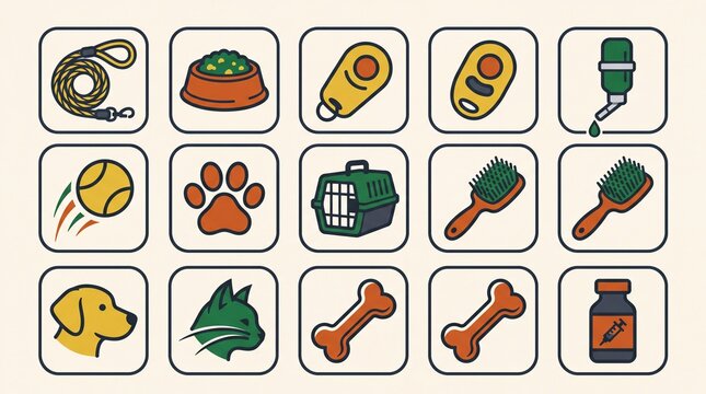 Pet care essentials vector icon set, dog and cat accessories, animal food, toys, and grooming tools, a collection of flat illustrations for veterinary services and pet shops.
