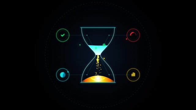 Futuristic Digital Hourglass Animation with Data Icons