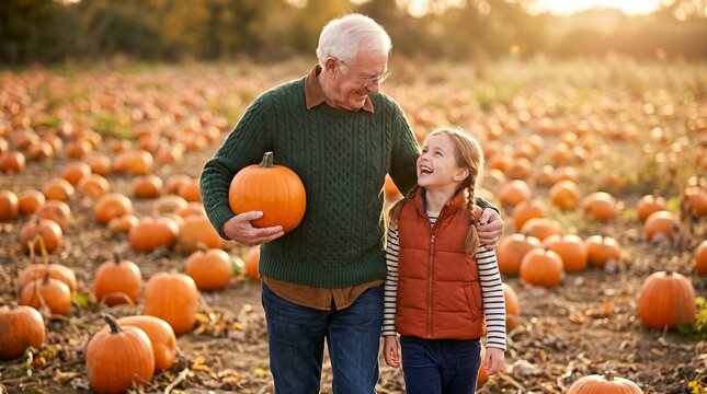 Senior Man and Young Girl Strolling Arm in Arm through Pumpkin Patch during Harvest Season