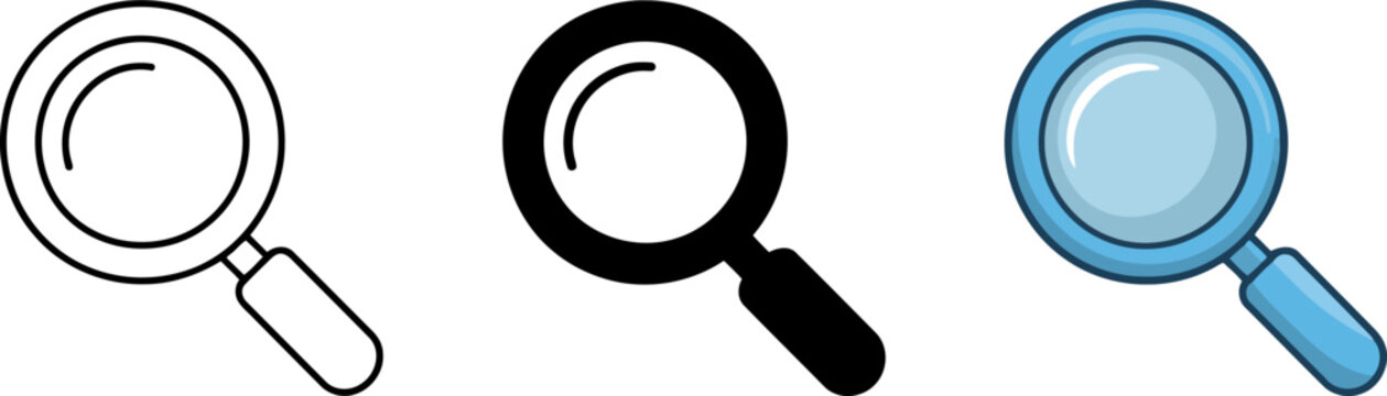 Magnifying glass variations outline solid color and cartoon style on white background.