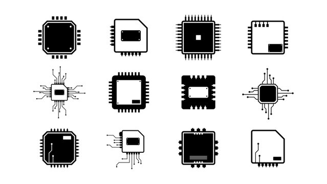 Black Microchip Icon Set CPU Processor And Circuit Board UI Symbol