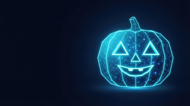 Glowing blue wireframe jack-o-lantern with futuristic cyberpunk design on dark background perfect for AI, digital art, and tech innovation projects.