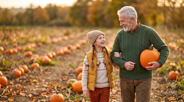 Happy Grandfather and Granddaughter Walking Together Carrying Orange Pumpkin in Autumn Patch Field