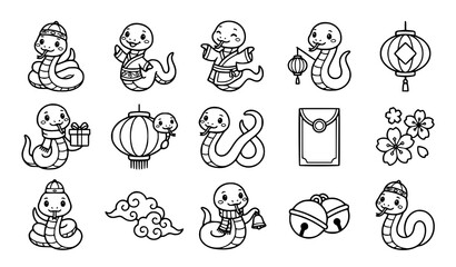 Fototapeta premium Cute Cartoon New Year Snakes in Traditional Attire, Black Outline Vector Character Set