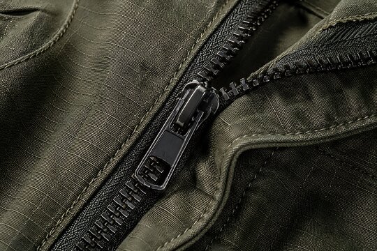 Close up macro detail of a closed zipper on olive green textured fabric during daylight with shallow depth of field