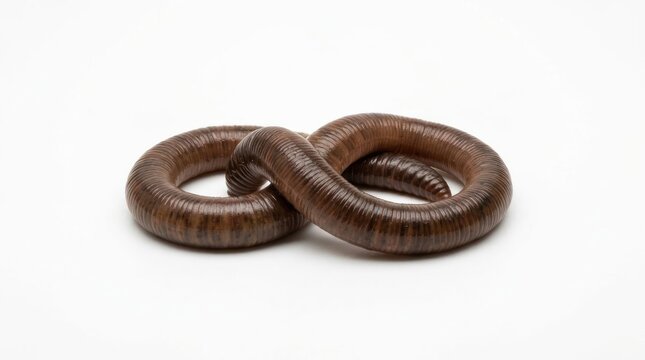 Brown earthworm coiled against white background studio shot