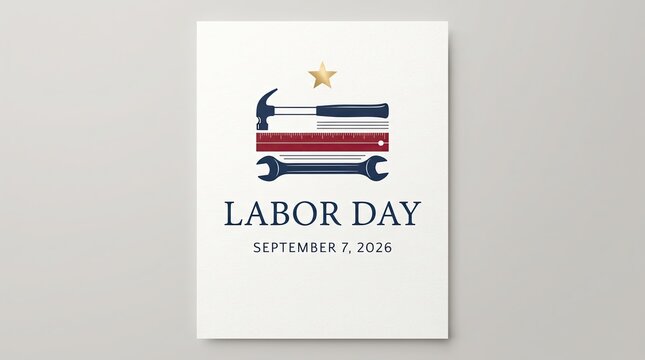 Minimalist Labor Day greeting card with hammer and American flag vector illustration
