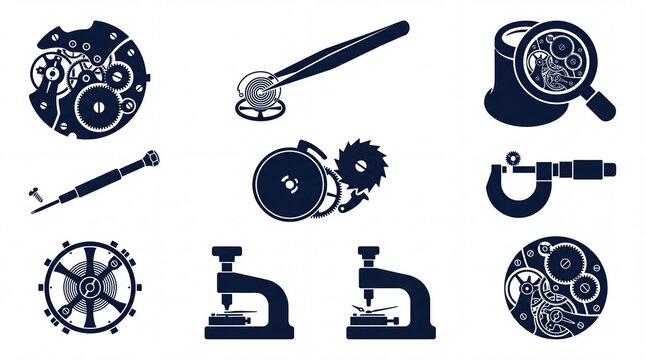 Watchmaking tools and gears vector icon set, intricate clockwork mechanisms, precision engineering instruments for repair and assembly, flat design illustrations.