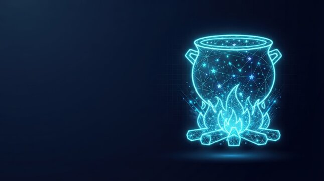 Stunning glowing blue wireframe cauldron with digital fire and cosmic particles for AI, machine learning, and futuristic tech innovation visuals.