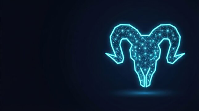 Glowing blue wireframe ram head symbolizes advanced AI, digital science, and futuristic tech innovation against dark background with ample copy space.