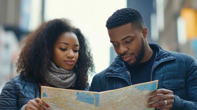 African American Couple Using a Paper Map in a City