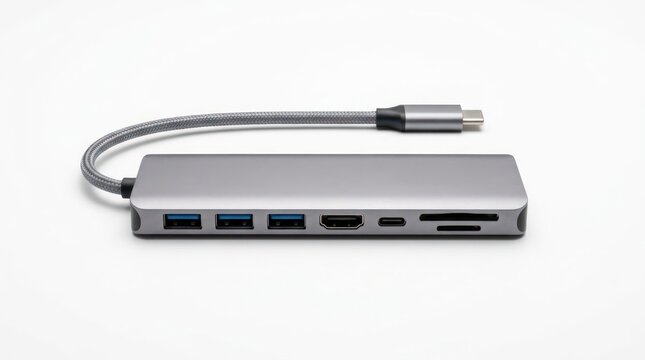 Computer port hub with multiple connections and integrated cable