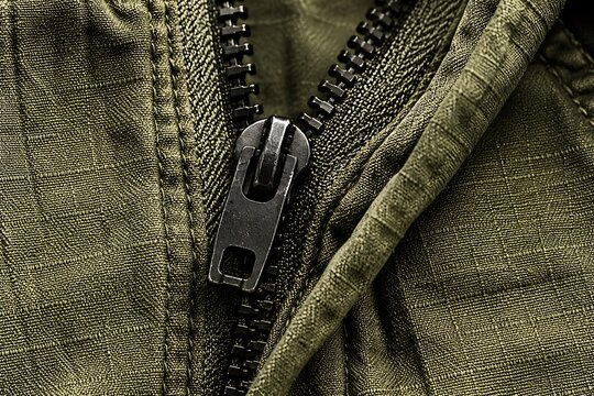 Close-up on a green jacket zipper with textured fabric during daylight for fashion concepts
