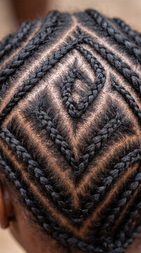 Overhead closeup view of intricate diamond geometric patterned cornrow braids on head