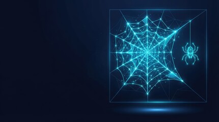 Obraz premium Glowing blue 3D wireframe neural network spider web design with cyber spider, ideal for AI, machine learning, and futuristic tech innovation projects.