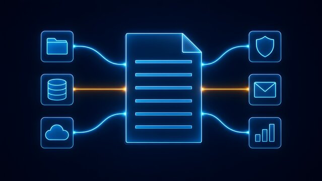 Illuminated digital document connected to cloud storage database and security icons representing integrated file management systems and network integration