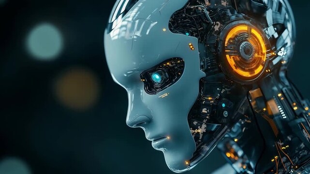 A close up of a robot head displaying intricate circuitry and glowing elements that highlight its artificial intelligence design