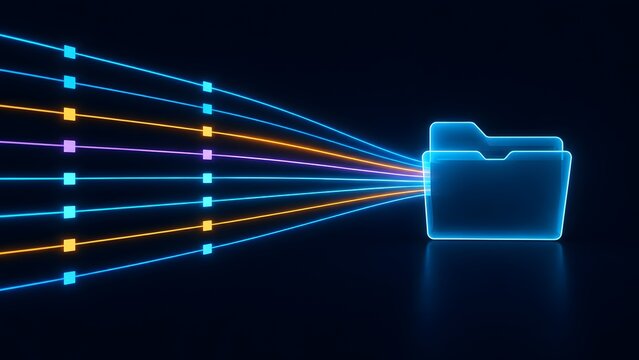 Luminous neon digital folder receiving high speed data streams illustrating rapid file transfer cloud backup and futuristic storage solutions