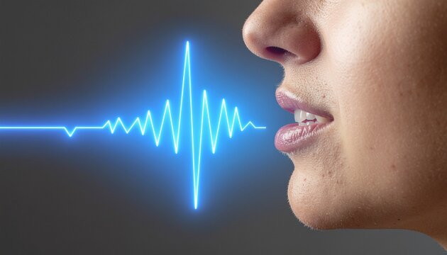 Close-up of Human Mouth with Glowing Blue Digital Audio Voice Waveform and Sound Frequency Signal