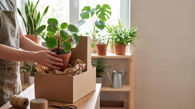 Florist worker packing potted green houseplant into cardboard box with protective wrapping paper for online plant delivery in bright plant shop